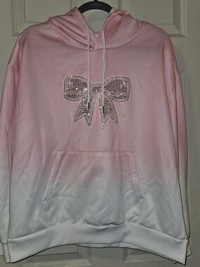 SHEIN Pink to White Ombre Sequin Bow Hoodie